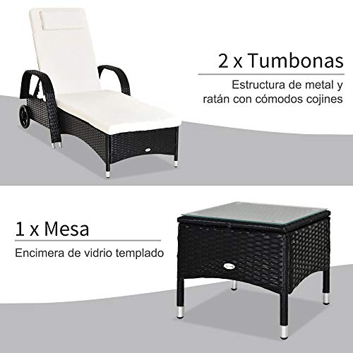 Outsunny Set de 2 Tumbonas Chaise Longue + 1 Mesa de Ratan para Jardín o Terraza Sillas con Cojín y Respaldo Ajustable a 5 Niveles (Negro)