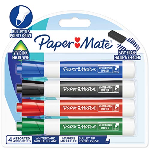 Paper Mate rotuladores para pizarra blanca de olor discreto, punta redonda, colores surtidos de tinta, 4 unidades