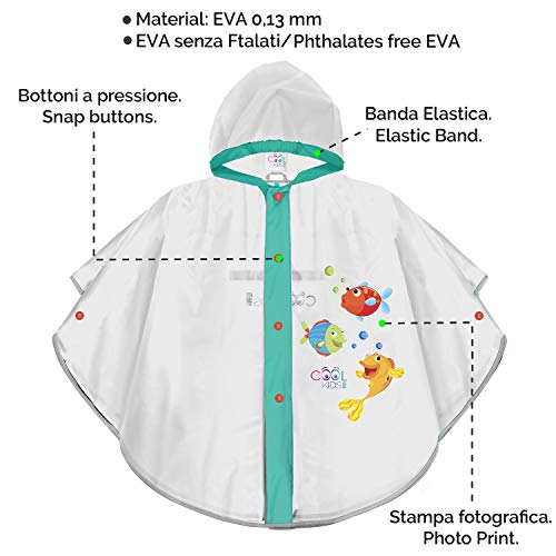 PERLETTI Chubasquero Niño con Pececitos Rojo Verde Amarillo - Impermeable Niños 3 4 5 6 Años Reflectante - Poncho Chaquetón para Lluvia Antiviento con Capucha y Botones a Presión (Peces, 3/6 Años)