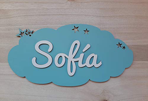 Placa nube de madera personalizada con nombre. Varios colores disponibles