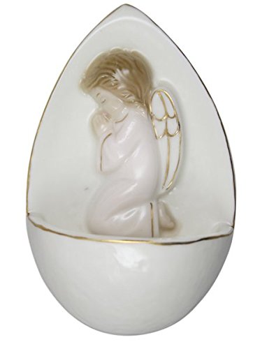 Porcelana - Weihkessel Pila de agua bendita con ángel rezando borde de oro rosa 10,5 cm