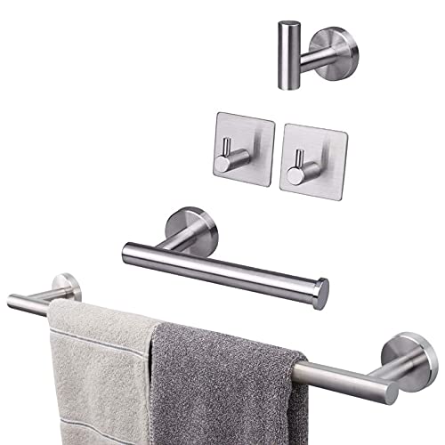 Powstro [5pcs] Juego de toallero de acero inoxidable, soporte de toalla de baño montado en la pared, 1 barra de toalla, 1 toallero de papel, 3 ganchos para albornoz, kit de accesorios de baño plateado