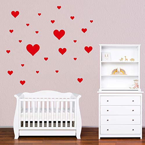 PREMYO 32 Corazones Pegatinas Pared Infantil - Vinilos Decorativos Habitación Bebé Niña - Fácil de Poner Rojo