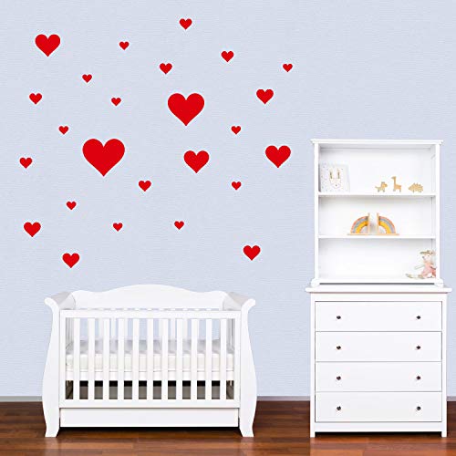 PREMYO 32 Corazones Pegatinas Pared Infantil - Vinilos Decorativos Habitación Bebé Niña - Fácil de Poner Rojo