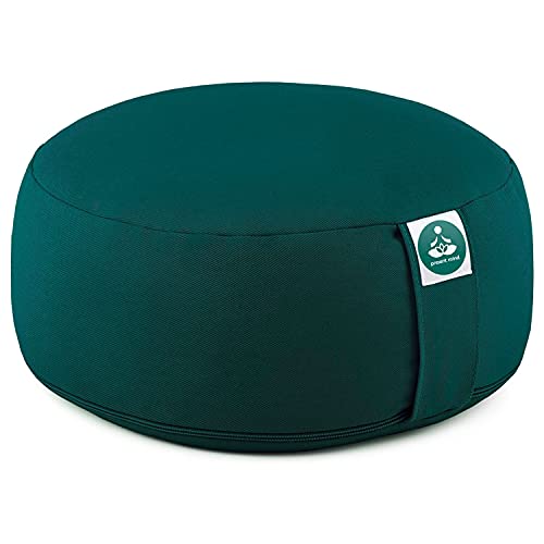 Present Mind Cojines Redondos de Yoga (16 cm) – Verde Esmeralda – Zafu de Yoga – Cojín de Suelo Alto para Yoga y Meditación – Yoga Accesorios Hechos en la UE – Funda Lavable – 100% Natural