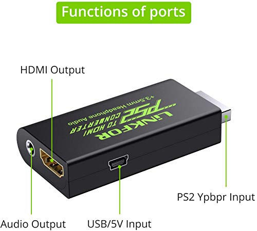 PS2 a HDMI Convertidor Playstation 2 a HDMI Resoluciones 480i 576i 480p Adaptador PS2 a HDMI con Jack de Auriculares 3,5mm y Cable HDMI de 1m para HDTV Monitor HDMI