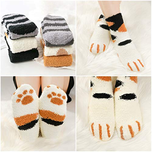 QKURT 6 pares de calcetines peludos con patas de gato, suaves y cómodos calcetines gruesos de invierno cálidos para dormir para mujeres, niñas y hombres