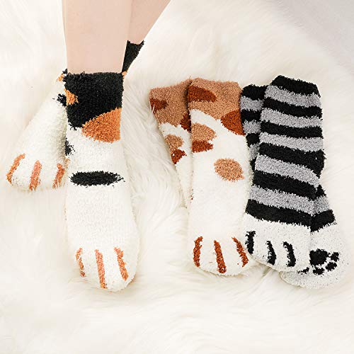 QKURT 6 pares de calcetines peludos con patas de gato, suaves y cómodos calcetines gruesos de invierno cálidos para dormir para mujeres, niñas y hombres