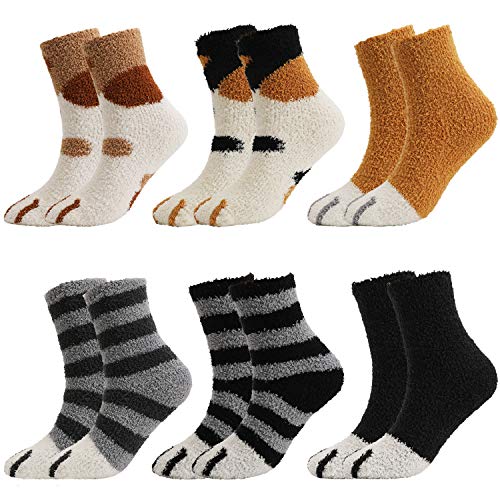 QKURT 6 pares de calcetines peludos con patas de gato, suaves y cómodos calcetines gruesos de invierno cálidos para dormir para mujeres, niñas y hombres