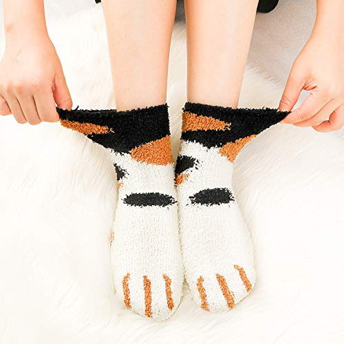 QKURT 6 pares de calcetines peludos con patas de gato, suaves y cómodos calcetines gruesos de invierno cálidos para dormir para mujeres, niñas y hombres