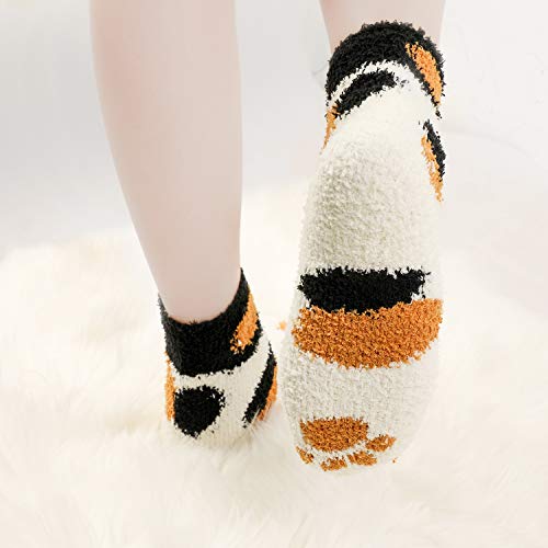 QKURT Calcetines de 3 pares de pantuflas para mujeres, calcetines de invierno para el interior Calcetines difusos para el hogar suaves y suaves Calcetines para dormir con garras de gato suaves