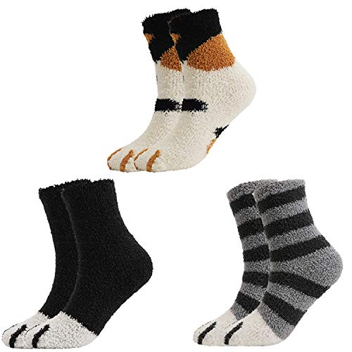 QKURT Calcetines de 3 pares de pantuflas para mujeres, calcetines de invierno para el interior Calcetines difusos para el hogar suaves y suaves Calcetines para dormir con garras de gato suaves