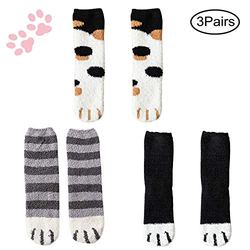 QKURT Calcetines de 3 pares de pantuflas para mujeres, calcetines de invierno para el interior Calcetines difusos para el hogar suaves y suaves Calcetines para dormir con garras de gato suaves