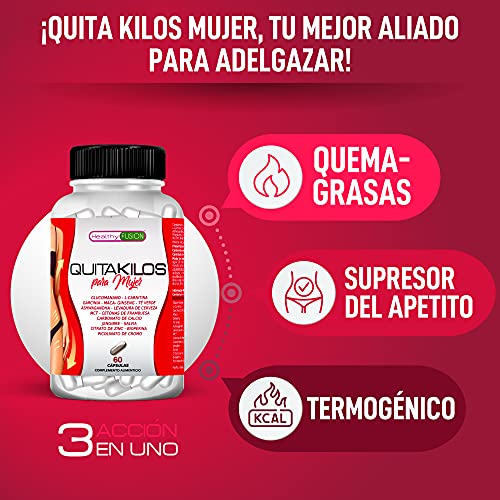 QUITAKILOS MUJER | Potente adelgazante para mujeres | Quemagrasas, reductor del apetito y estimulante del metabolismo | Redefine tu silueta eliminando grasa y kilos | Sin efecto rebote | 60U.