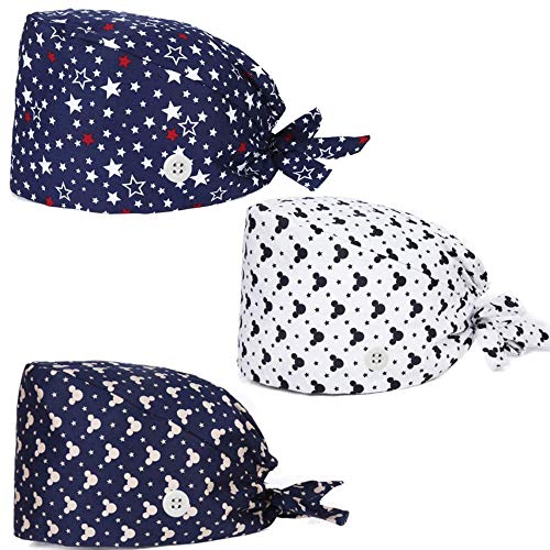 REGNBUE 3 Piezas Gorro Quirúrgico Algodón Lindo Impresión Doctor Enfermera Sombrero Quirófano Quimio Sombrero para Mujeres Hombres (con Botones)-B