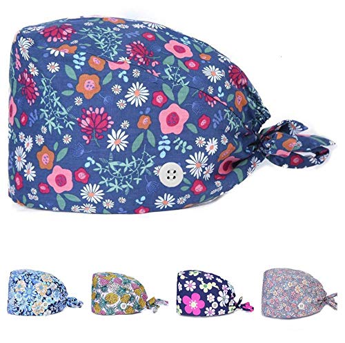 REGNBUE 5 Piezas Gorro Quirúrgico Algodón Lindo Impresión Doctor Enfermera Sombrero Quirófano Quimio Sombrero para Mujeres Hombres (con Botones)-B