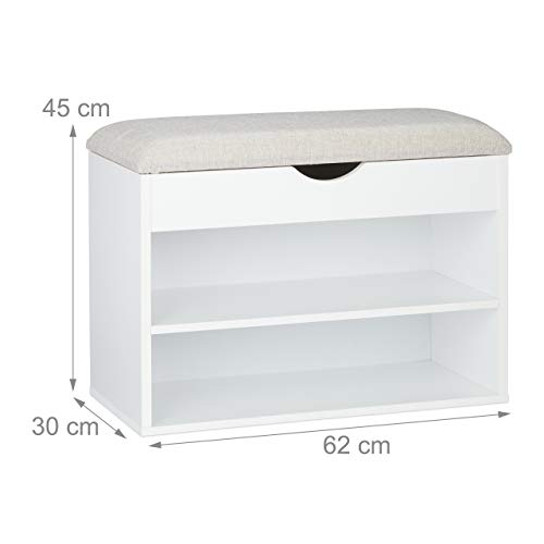 relaxdays Banco Zapatero, Acolchado, Mueble de Pasillo, Tres Compartimentos, Asiento, 45 x 62 x 30 cm, 1 Ud. Blanco, Aglomerado