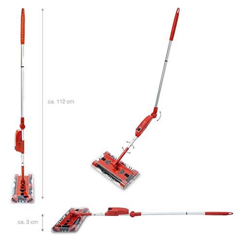 Relaxdays Escoba Eléctrica sin Cable, Cepillo de Barrer con Batería Recargable, Palo Ajustable de 126 cm, Rojo/Plateado