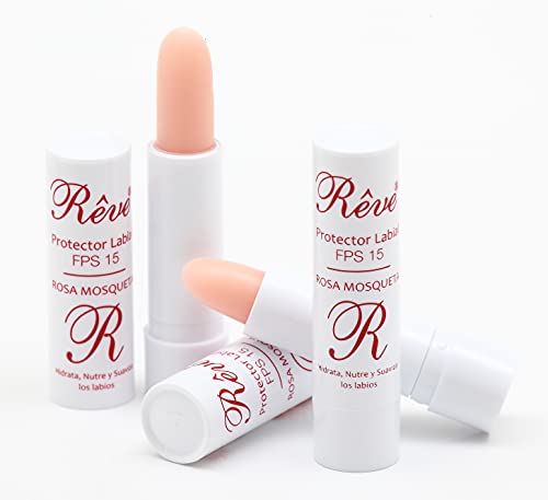 REVE Bálsamo Labial Rosa de Mosqueta FPS15 - Stick 4g - (Pack 4 Uds) Protector Labial Rosa de Mosqueta - Stick Labial Rosa de Mosqueta - Cosmética de Calidad sin parabenes - Sol y Nieve