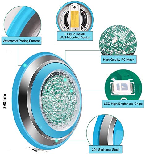 Roleadro Luz LED para piscina, impermeable Luces Sumergibles IP68 47W luces de piscina multicolor, RGB Wall Mounted (12 V AC/DC) con Control Remoto de luz de piscina con mando, cable de 5 pies