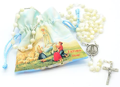 Rosario Religioso de Perlas de Nácar, VIRGEN DE FATIMA con Caja de Madera, Pulsera a Juego y Bolsa de Lino. Convertible en Collar Mujer Rosario Nacar VF