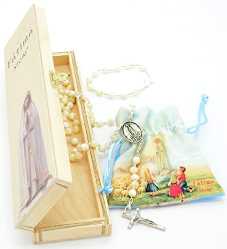 Rosario Religioso de Perlas de Nácar, VIRGEN DE FATIMA con Caja de Madera, Pulsera a Juego y Bolsa de Lino. Convertible en Collar Mujer Rosario Nacar VF