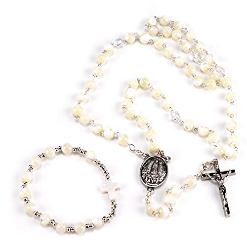 Rosario Religioso de Perlas de Nácar, VIRGEN DE FATIMA con Caja de Madera, Pulsera a Juego y Bolsa de Lino. Convertible en Collar Mujer Rosario Nacar VF