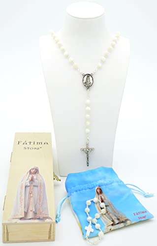 Rosario Religioso de Perlas de Nácar, VIRGEN DE FATIMA con Caja de Madera, Pulsera a Juego y Bolsa de Lino. Convertible en Collar Mujer Rosario Nacar VF