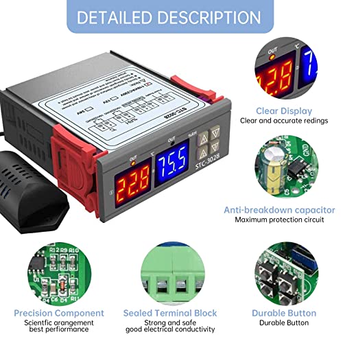 RUIZHI STC-3028 Medidor Digital de Temperatura y Humedad,110-220V 10A Termostato Dual Digital Display Regulador de Temperatura con Doble NTC Sonda de Calefacción Sensor