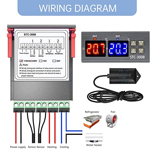 RUIZHI STC-3028 Medidor Digital de Temperatura y Humedad,110-220V 10A Termostato Dual Digital Display Regulador de Temperatura con Doble NTC Sonda de Calefacción Sensor