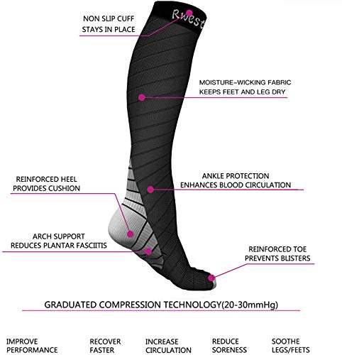 Rwest X Medias de Compresion, Calcetines de compresión Mujer y Hombre 20-30 mmHg para Running ,Ciclismo, Deporte, Trotar, Correr, Volar, Viajar，Pack de 1 o 2 pares