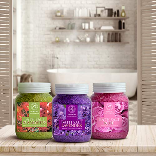 Sales de Baño Set 3x400g con Aceite 100% Natural Lavender - Rosas - Eucalipto - Mejor para Buen Sueño - Alivio del Estrés - Baño - Cuidado Corporal - Bienestar - Belleza - Relajación - Spa