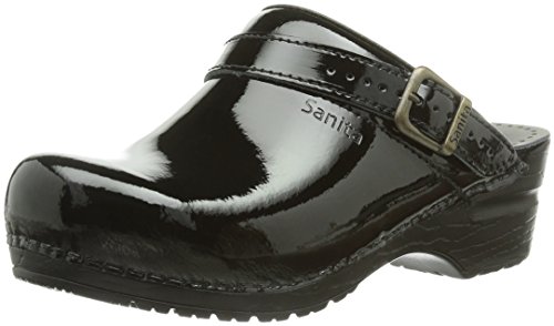 Sanita Freya | Zuecos Abiertos | Producto Artesanal Original para Mujer | Plantilla de Forma anatómica con Espuma Blanda | Correa de talón Ajustable | Negro | 39 EU