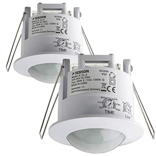 SEBSON® 2X Detector de Movimiento Empotrable, Interior, Montaje en Techo, programable, Sensor de Infrarrojos, Alcance 6m / 360°, LED Adecuado