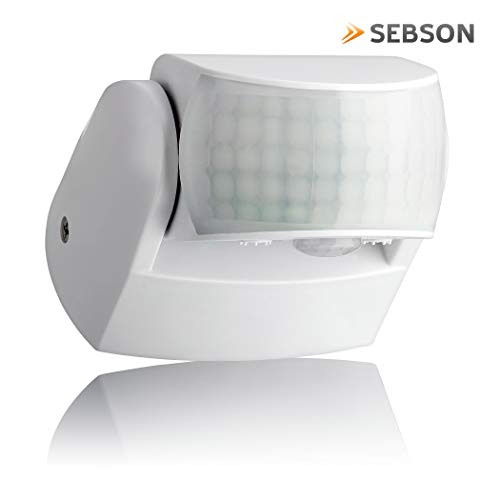 SEBSON® Detector de Movimiento Exterior IP65, Montaje Superficie en Pared, programable, 12m/180° y 3m/360°, LED Adecuado, Sensor de Infrarrojos con 2 Sensores