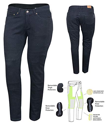 Señoras motocicleta Jeans CE rodilla asimétrica Stretch Denim NEGRO, W32 / L30