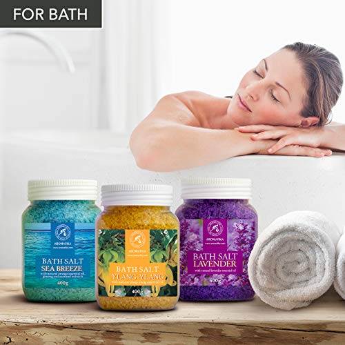 Set Sales de Baño 3x400g con Aceite 100% Natural Lavender - Ylang-Ylang - Sea Breeze - Mejor para Buen Sueño - Alivio del Estrés - Baño - Cuidado Corporal - Bienestar - Belleza - Relajación - Spa