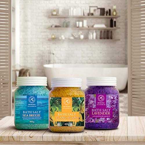 Set Sales de Baño 3x400g con Aceite 100% Natural Lavender - Ylang-Ylang - Sea Breeze - Mejor para Buen Sueño - Alivio del Estrés - Baño - Cuidado Corporal - Bienestar - Belleza - Relajación - Spa