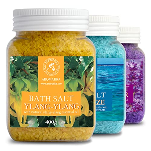 Set Sales de Baño 3x400g con Aceite 100% Natural Lavender - Ylang-Ylang - Sea Breeze - Mejor para Buen Sueño - Alivio del Estrés - Baño - Cuidado Corporal - Bienestar - Belleza - Relajación - Spa