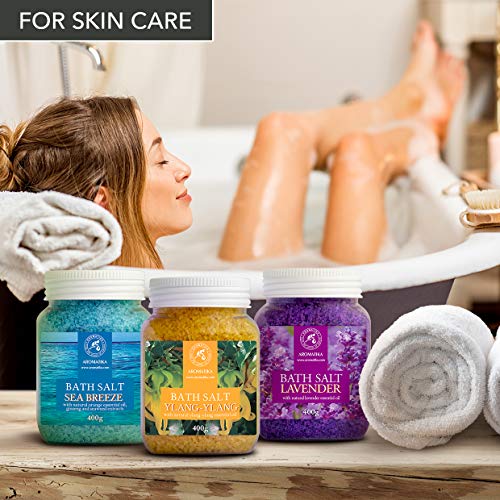 Set Sales de Baño 3x400g con Aceite 100% Natural Lavender - Ylang-Ylang - Sea Breeze - Mejor para Buen Sueño - Alivio del Estrés - Baño - Cuidado Corporal - Bienestar - Belleza - Relajación - Spa