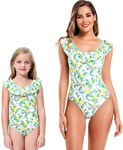 SHEKINI Mujer Traje de Baño de una Pieza Borde de Hoja de Loto Juguetón Bañadores Impresión de Estilo Brasileño Traje de Baño (XL, Limón)