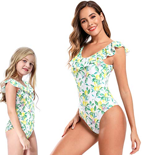 SHEKINI Mujer Traje de Baño de una Pieza Borde de Hoja de Loto Juguetón Bañadores Impresión de Estilo Brasileño Traje de Baño (XL, Limón)