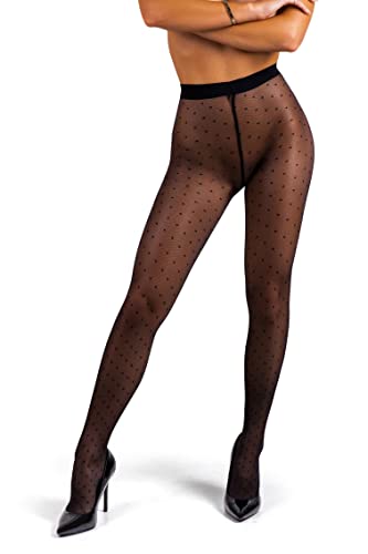 sofsy Medias con Patrón de Puntos para Mujeres Pantimedias Semi Transparentes de 20 Denieres Negro Black 2 - Small