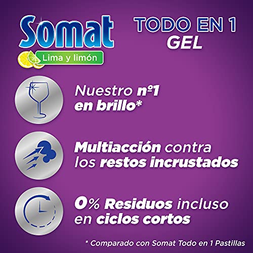 Somat Todo en 1 Gel Lima y Limón 60 Dosis (pack de 4, total: 240 lavados), jabón lavavajillas con gran poder de limpieza para ciclos cortos, vajilla brillante