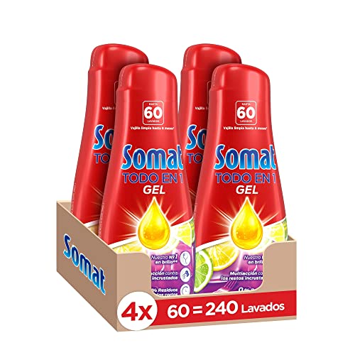 Somat Todo en 1 Gel Lima y Limón 60 Dosis (pack de 4, total: 240 lavados), jabón lavavajillas con gran poder de limpieza para ciclos cortos, vajilla brillante