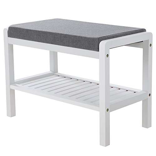 SONGMICS Zapatero con Banco de Bambú, con Asiento Acolchado, Estante de Almacenamiento para la Entrada, Sala de Estar, Vestíbulo, Áreas Pequeñas, Blanco LBS65WN