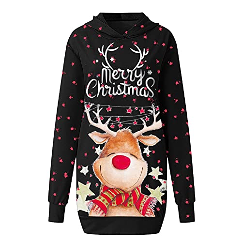 Sudadera con Capucha para Mujer Vestido Suéter con Capucha con Capucha de Otoño Hoodie Merry Christmas Manga Larga Elegante Vestidos Jersey con Reno Suéter Navidad Sweater Camisetas con Bolsillo