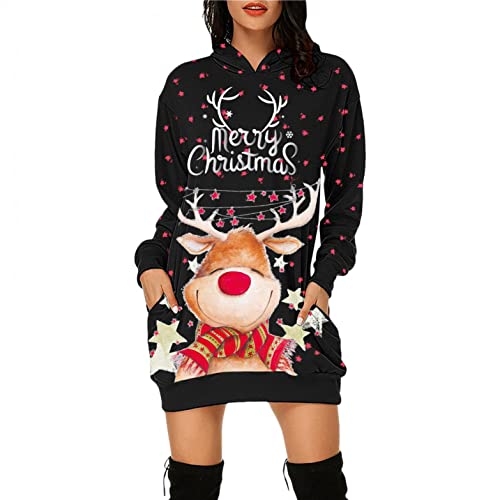 Sudadera con Capucha para Mujer Vestido Suéter con Capucha con Capucha de Otoño Hoodie Merry Christmas Manga Larga Elegante Vestidos Jersey con Reno Suéter Navidad Sweater Camisetas con Bolsillo