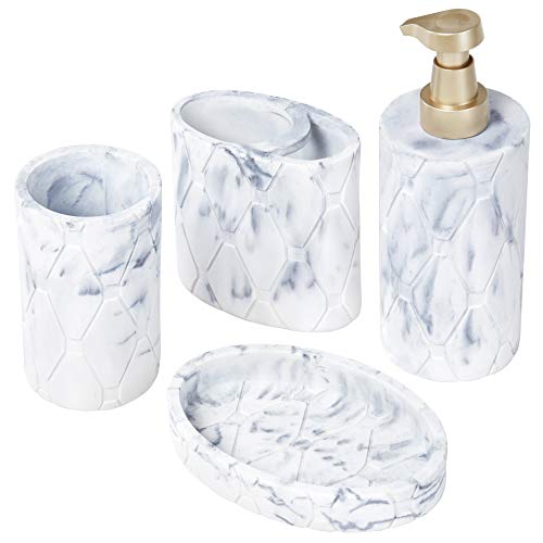 SUHU Juego de 4 Accesorios de Baño y Lavabo Patrón de Mármol con Bote Dosificador Jabon Liquido o Dispensador de Loción Jabonera Redonda Vasos Porta Cepillo de Dientes Moderno Blanco+Azul