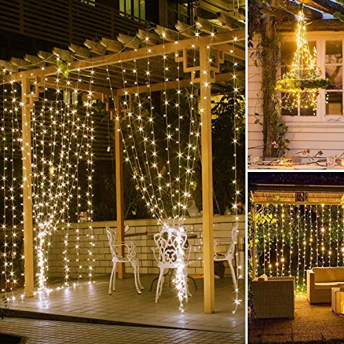 SUNNEST Cadena de luces navideñas de 300 LED con 8 modos de iluminación, luces con control remoto, con USB, para dormitorio, fiesta, boda, hogar, jardín, decoración de pared, (blanco cálido)